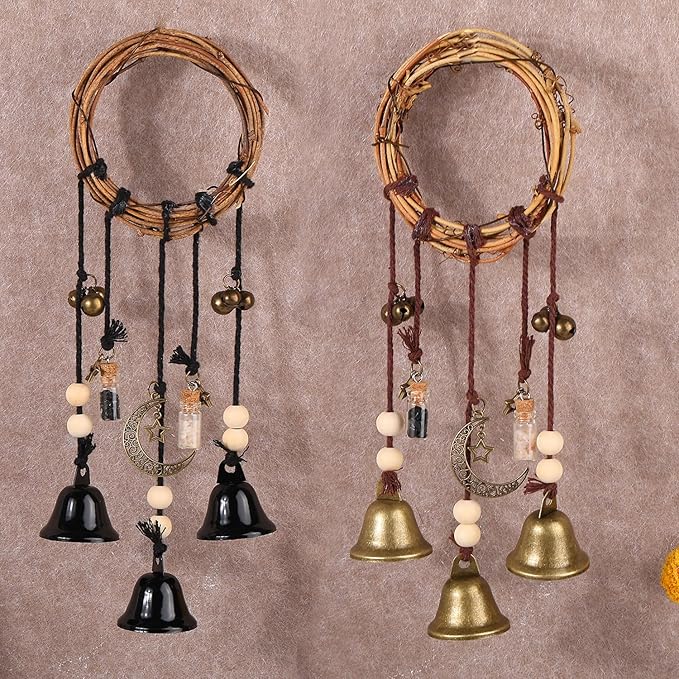 2 Pieces Witch Bells for Door Knob for Protection Hanging Bell Wind Chimes Handmade Decorative Bell for Boho Home Room Witchy Decor(Black Vintage)