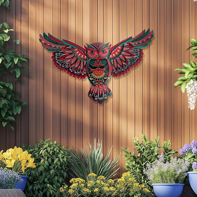 LIFFY Boho Metal Owl Wall Decor - Unique Outdoor Wall Art Decoration - 15" Glass Hanging Wall Owl Decor Brighten Up Patio, Porch or Door, Garden Decoration, Birthday Gift Ideas