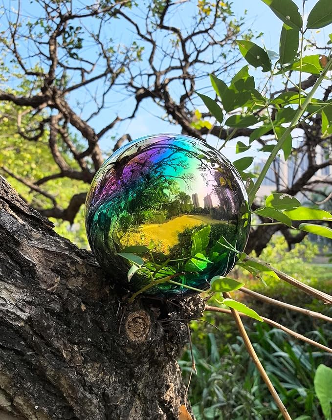 Gazing Ball for Garden Decor - 8-Inch Hollow Metal Sphere for Outdoor & Indoor Use, Patio, Yard, Flower Bed Accent Piece (Rainbow)