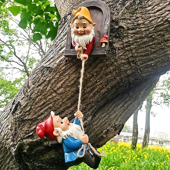 Elenon Climbing Gnomes Tree Faces Decor, Adorable Gnome Tree Hugger Fairy Garden Statue, Funny Peeker Sculpture Outdoor Yard Patio Art (2 Pack)