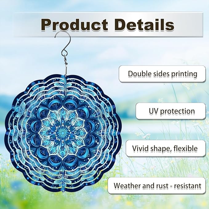 Wind Spinners Outdoor, Hanging Wind Spinner for Garden Decoration, 8 inch 3D Stainless Steel Metal Wind Sculpture for Indoor/Outdoor Decor, Blue Mandala