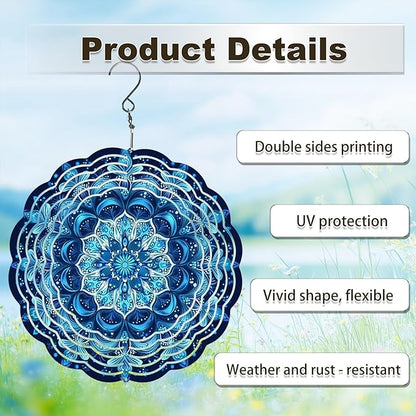 Wind Spinners Outdoor, Hanging Wind Spinner for Garden Decoration, 8 inch 3D Stainless Steel Metal Wind Sculpture for Indoor/Outdoor Decor, Blue Mandala
