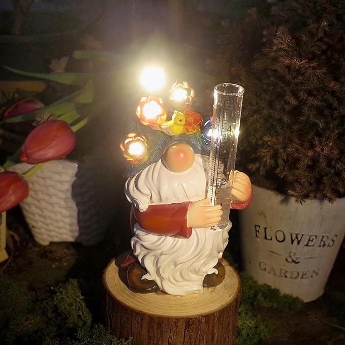 FORUP Resin Gnome Solar Rain Gauges, Resin Garden Gnome Statue with a Plastic Rain Gauge, Hand Painted Gnome Sculpture Water Gauge for Rain