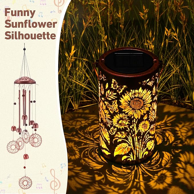 Retisee Sunflower Solar Wind Chimes Outdoor Metal Sunflower Teacher Appreciation Gifts Solar Light Windchimes Outside Indoors Christmas Decoration Birthday Gift for Home Lawn Porch Patio Garden Yard