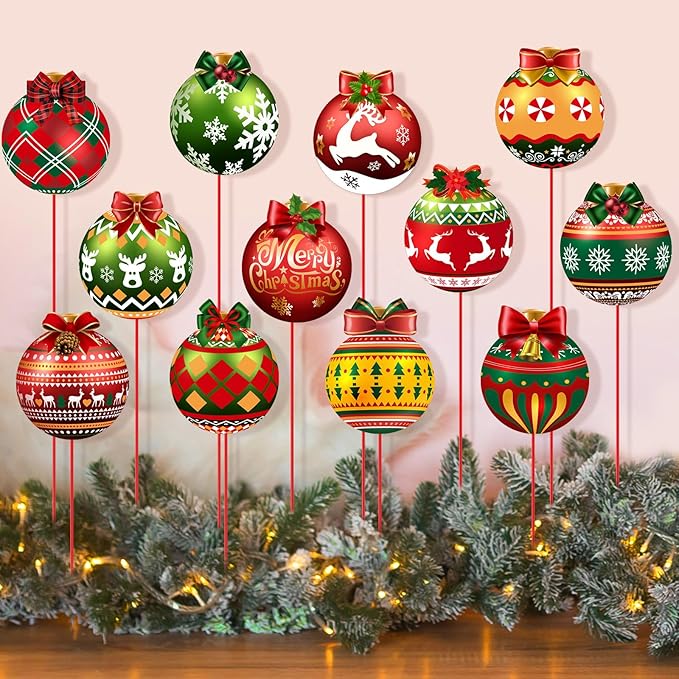 Zonon 12pcs Winter Garden Decorations Winter Snowflake Metal Planter Stakes for Patio Lawn Planter Pot Xmas Nutcracker Gingerbread Yard Stake Signs Outdoor Lawn Decor Party Favor(Ball)