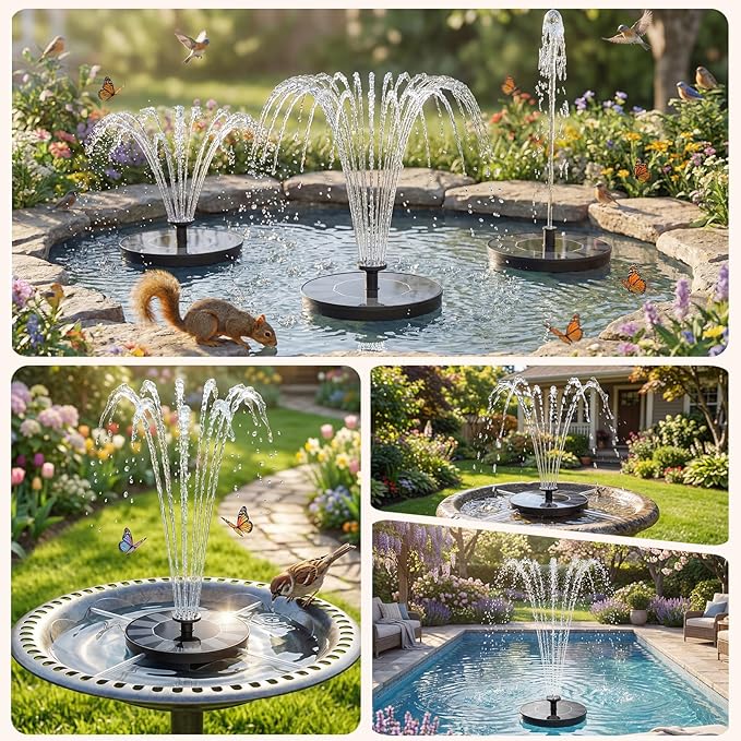 AMZtime Solar Fountain for Bird Bath, 1.4W Solar Fountain Pump 6 Nozzles, 2026 New Free Standing Solar Powered Water Pump for Outdoor, Garden, Fish Tank, Pond and Pool