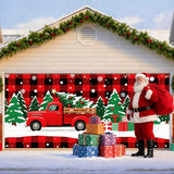 IVN Merry Christmas Garage Door 13x6ft Festive Backdrop Red Truck with Christmas Trees and Gifts Photo Prop Background for Holiday Yard Door Cover Outdoor Winter Scene