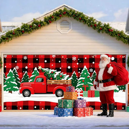 IVN Merry Christmas Garage Door 13x6ft Festive Backdrop Red Truck with Christmas Trees and Gifts Photo Prop Background for Holiday Yard Door Cover Outdoor Winter Scene