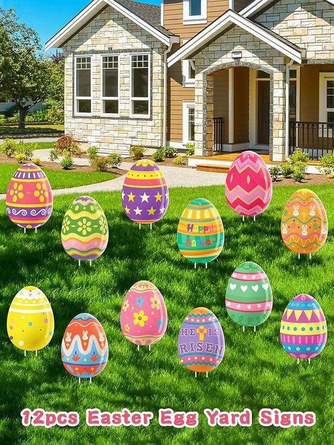 12Pcs Easter Yard Signs Outdoor Decorations Pastel Easter Egg shaped Yard Sign with Stakes Colorful Eggs Yard Signs for Garden Lawn Home Party Supplies(12 Pcs Eggs)