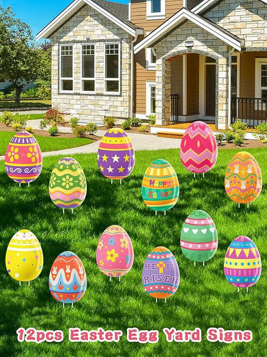 12Pcs Easter Yard Signs Outdoor Decorations Pastel Easter Egg shaped Yard Sign with Stakes Colorful Eggs Yard Signs for Garden Lawn Home Party Supplies(12 Pcs Eggs)