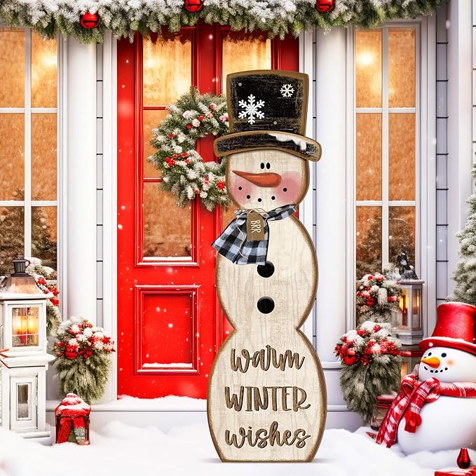Winter Snowman Porch Sign Wooden Porch Decor Winter Christmas Nutcracker Snowman Front Door Welcome Standing Sign for Xmas Farmhouse Outdoor Yard Wall Hanging Decorations(42 Inch,Rustic)