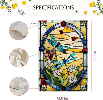 Spring Summer Dragonfly Garden Flag Stained Glass Style Floral Flowers Garden Flag Vertical Double Sided Rustic Farmland Burlap Yard Lawn Outdoor Decor 12.5x18"