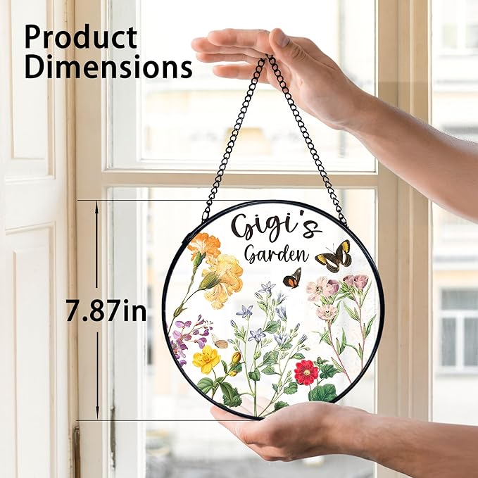 TNUW Gigi Gifts Stained Glass Window Hanging, Best Grandma Gifts from Grandkids Sun Catchers Indoor Window Glass Round Wall Art Decor, Gigi's Garden Wall Hanging Decorations, 7.9＂x7.9＂