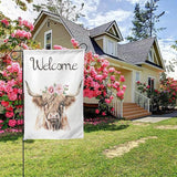 Welcome Pink Floral Highland Cow Garden Flags 12×18 Inch Double Sided Decorative Yard Banner Seasonal Flag for Outdoor Outside Decor