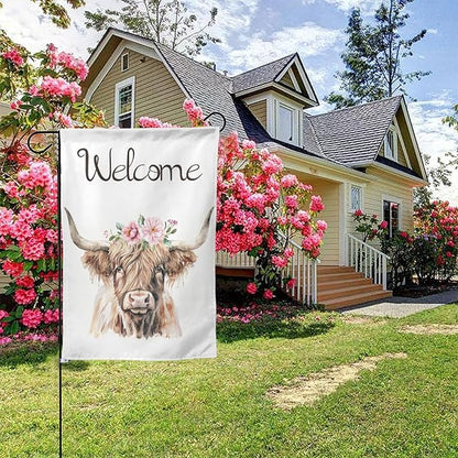Welcome Pink Floral Highland Cow Garden Flags 12×18 Inch Double Sided Decorative Yard Banner Seasonal Flag for Outdoor Outside Decor