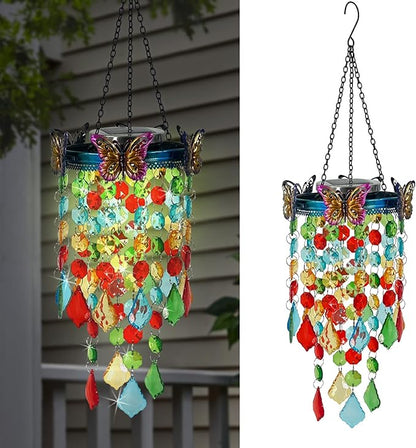 Hanging Solar Lanterns Outdoor Chandelier,Colorful Metal Butterfly with Acrylic Crystal Wind Chimes for Outside,Solar Lights Color Changing LED Outdoor Decorative for Paito,Porch,Yard