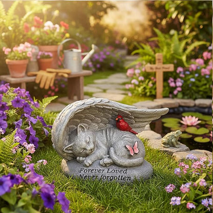Cat Memorial Stones with Angel Wing Kitten Sculpture Sleeping 6 Inch, Pet Grave Markers Resin Pet Loss Sympathy Gift Cat for Outdoor Garden Gravesite Funeral