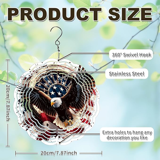 Eagle American Flag Wind Spinner Outdoor, USA 250th Anniversary Wind Chime, 8 Inch 3D Metal Garden Wind Spinner, Stainless Steel Patriotic Yard Hanging Decor Gift