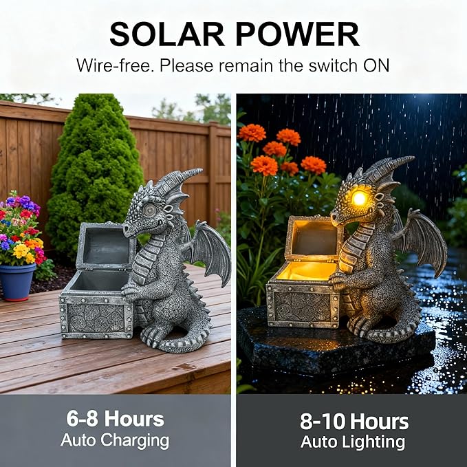 Solar Dragon Statue Light - Resin Garden Decor Sculpture, Weatherproof & Auto-On, Perfect for Lawn, Patio, Yard, (Birthday/Christmas/Valentine’s/Thanksgiving)