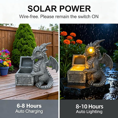 Solar Dragon Statue Light - Resin Garden Decor Sculpture, Weatherproof & Auto-On, Perfect for Lawn, Patio, Yard, (Birthday/Christmas/Valentine’s/Thanksgiving)