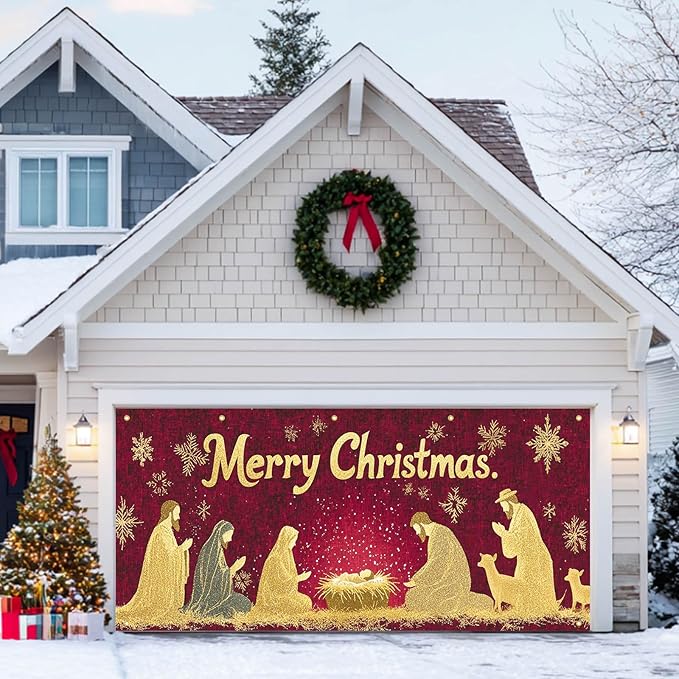HOMETITUTE Merry Christmas Garage Door Banner 13x6ft Golden Glitter Nativity Scene Theme Backdrop Holiday Decor Winter Door Cover Banners for Outside Garage Wall Covering for Party Garage Decorations