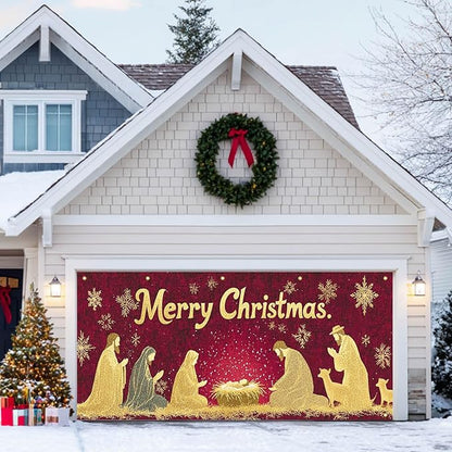 HOMETITUTE Merry Christmas Garage Door Banner 13x6ft Golden Glitter Nativity Scene Theme Backdrop Holiday Decor Winter Door Cover Banners for Outside Garage Wall Covering for Party Garage Decorations