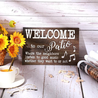 Yalikop 2 Pack Outdoor Patio Decor Signs Hanging Boho Wall Art Wood Outdoor Decorations for Patio Farmhouse Porch Backyard Welcome Deck Balcony for Home Front Accessories, 12 x 8 Inch(Brown)