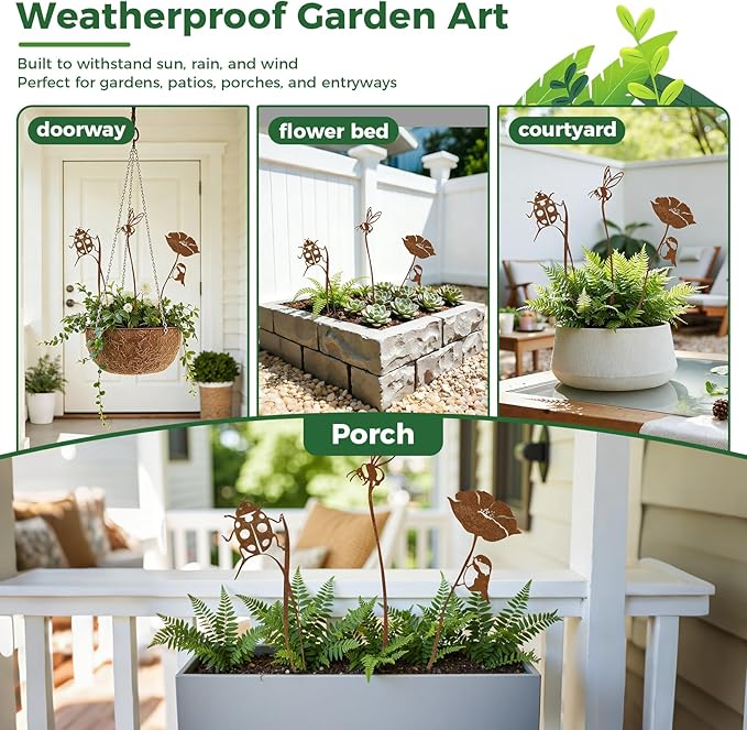 Rustic Metal Decorative Garden Stakes, Multiple Nature-Inspired Designs, Vintage Rust Finish Indoor&Outdoor Garden Decor, Gift-Boxed Yard Art for Pots, Planters Flower Beds (Ladybug & Bee Flower Set)