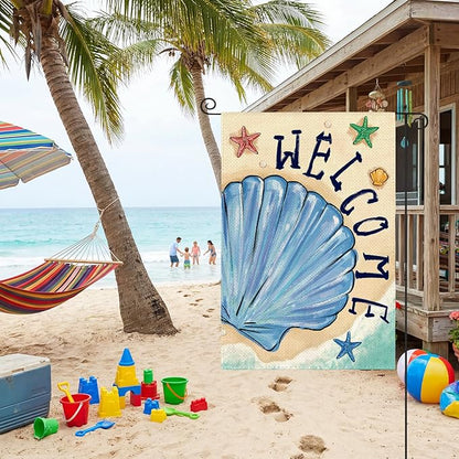 AVOIN colorlife Summer Coastal Beach Shell Garden Flag 12x18 Inch Double Sided, Welcome Seasonal Nautical Burlap Yard Outdoor Decoration