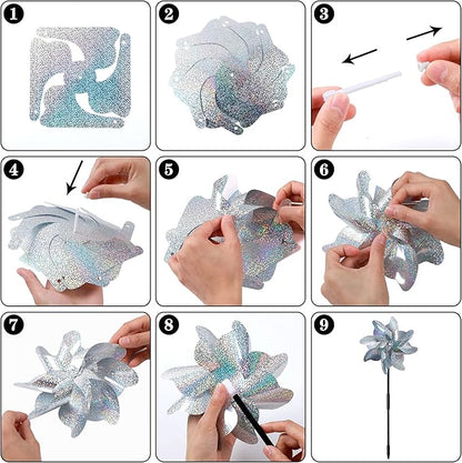 NOVWANG 6 PCS Reflective Pinwheels with Stakes, Extra Sparkly Pin Wheel for Garden Yard Decor, Bird and Animal Deterrent Device to Scare Birds Away from Patio Farm
