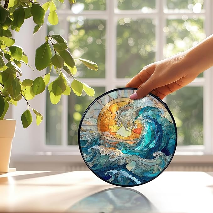 Coastal Ocean Waves Suncatchers Stained Glass Window Hanging, Ocean Beach Sun Catchers Indoor Window Glass Round Wall Decor, 7.9x7.9in