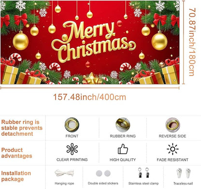 IVN Merry Christmas Happy New Year Garage Door Banner 13x6 ft Christmas Garage Door Cover Wnter Scene Background Indoor Outdoor Red Gold Snowflake Candy Cane Ornaments Gift Boxes Holiday Decorations for Home and Events Wall Backdrop Decor