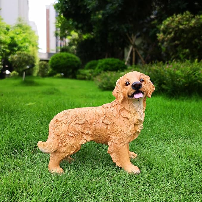Yellow Retriever Welcome Greeter with Solar Lantern and Double-Sided Sign, Standing Retriever Garden Sculpture for Yard Paths, Front Door & Terrace