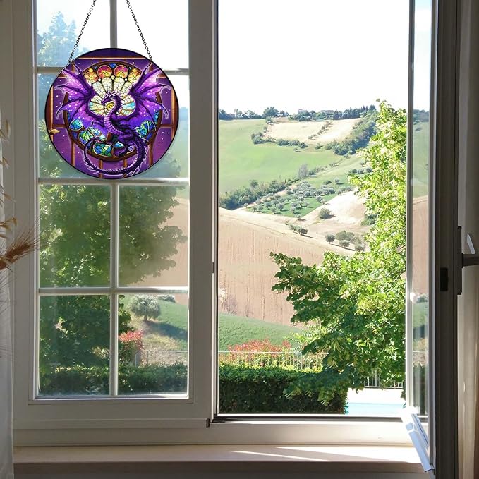 Purple Dragon Stained Glass Window Hanging Dragons SunCatcher Dragon Lovers Gifts for Kid Room Decor Handmade SunCatcher Decoration for Home Decor, 7.87inch