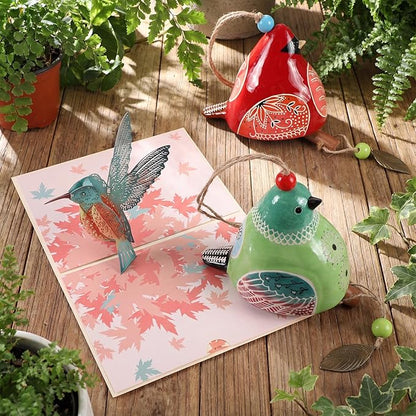 SiliFine 2 Pcs Mother's Day Ceramic Bird Wind Chime Gift with 3D Pop up Card Handmade Cardinal Windchime for Outside Indoor Garden Patio Decor Housewarming Birthday Gifts for Mom Women Bird Lovers