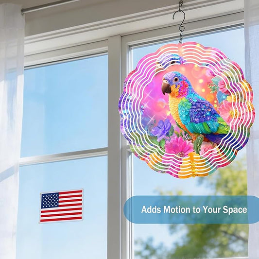 Wind Spinners Colorful Parrot Floral Art 9.8 x 9.8 Inch Metal Wind Spinner Outdoor Garden Decor Vibrant Tropical Bird Illustration Decorative Wind Spinners for Yard Patio