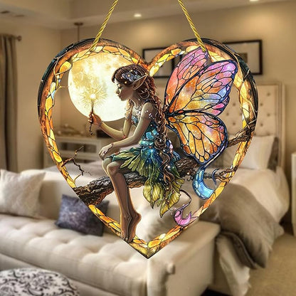 Flower Fairy Acrylic Window Hanging, Stained Glass Suncatcher, Holiday and Christmas Decorations, Heart Shaped Elf Girl Art, Chroma
