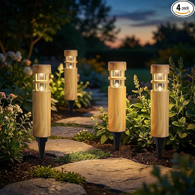 Solar Pathway Lights, 4 Pack LED Solar Lights Outdoor Waterproof, Wood-grain Color Style, Warm Yellow Light Auto On/Off, Solar Pathway Lights for Your Garden, Landscape, Path, Yard, Walkway Decor