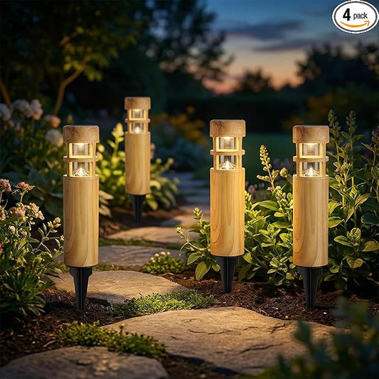 Solar Pathway Lights, 4 Pack LED Solar Lights Outdoor Waterproof, Wood-grain Color Style, Warm Yellow Light Auto On/Off, Solar Pathway Lights for Your Garden, Landscape, Path, Yard, Walkway Decor