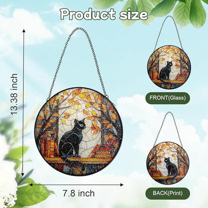 Black Cat Stained Glass Window Hanging Suncatcher, Fall Leaves & Bookshelf Sun Catchers Art Decor Ornament for Home Garden Farmhouse, Birthday Gift for Cat Lovers Mom Women Nana, 7.8 Inch