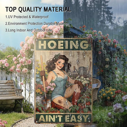 Funny Garden Signs for Outside Garden Decor Wall Art - Gardening Gifts for Women Plant Lovers Gardeners Green House Decor, Hoeing Ain't Easy Sign 12x8 Inch