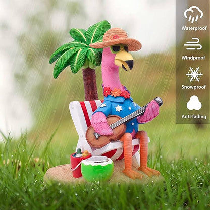 TERESA'S COLLECTIONS Pink Flamingo Garden Decor with Solar Light, Flamingo Summer Outdoor Decor, Chill Hawaiian Relaxed Beach Tropical Resin Garden Statues for Porch Lawn Yard 7.3"