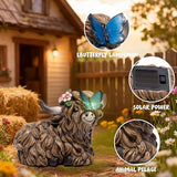 basen Solar Highland Cow Garden Statue with Lighted Butterfly, Resin Outdoor Yard Decor with Solar Panel, Waterproof Lawn Patio Ornament for Garden, Pathway, Backyard Decor Gift