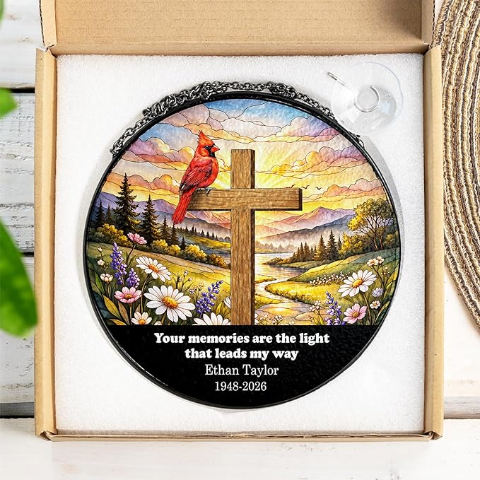 Personalized Cardinal Memorial Cross Stained Glass, Religious Crystal Window Hanging, Memorial Suncatcher for Loss of Loved One, Christian Sympathy Gift for Nana Grandpa, Cross Garden Decor