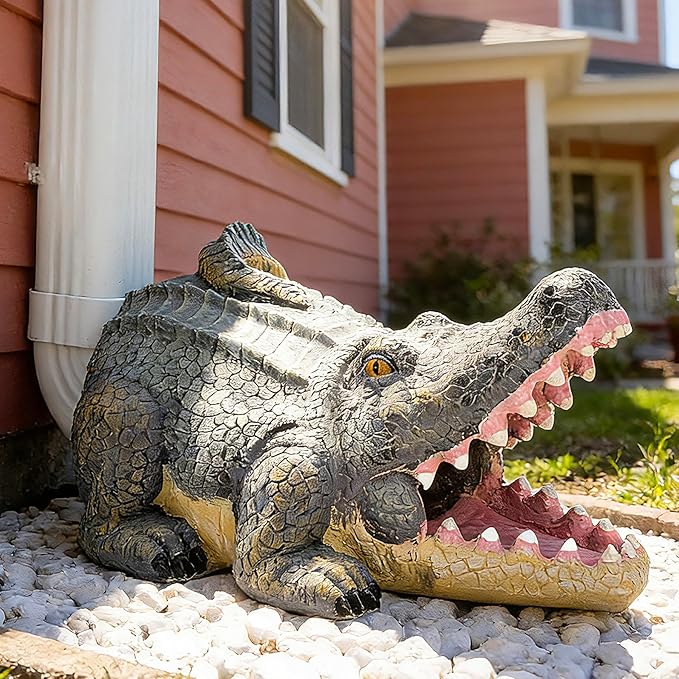 Teaeeno Alligator Decor Statue Gutter Downspout Extension Decorative,Crocodile Gutter Animal Statue Outdoor Decor,3"×4" Rain Gutter Downspout Splash Block,Garden Splash Block Outdoor Sculpture (Green)