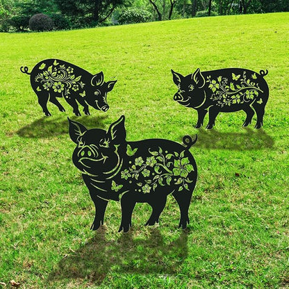 Rngmsi Pig Decorative Garden Stakes Gifts, 3PCS Metal Pig Garden Statues Decor for Outside, Black Silhouette Yard Lawn Outdoor Gifts for Women Men Pig Lovers