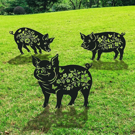 Rngmsi Pig Decorative Garden Stakes Gifts, 3PCS Metal Pig Garden Statues Decor for Outside, Black Silhouette Yard Lawn Outdoor Gifts for Women Men Pig Lovers