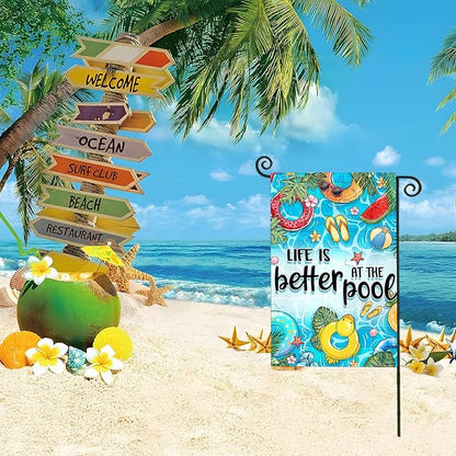 Summer Garden Flags for Outside, LIFE IS BETTER AT THE POOL Small Seasonal Decoration for Farmhouse Holiday Yard Outdoor Decor 12x18 Inch Double Sided