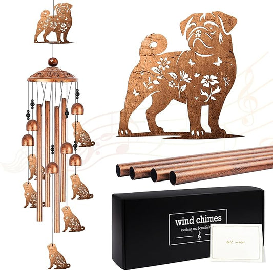 Pug Wind Chimes for Outside, Pug Gifts for Women Men Dog Lovers Metal Windchimes Outdoors, Floral Butterfly Dog Design Home Garden Patio Yard Decor