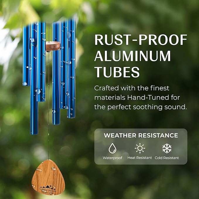 UpBlend XL Wind Chimes for Outside Gift – Deep Tone Wind Chime with Decorative Stone – Garden and Patio Décor for Porch or Yard, Elegant Outdoor Ornament, Meaningful Gift for Neighbors. 41” Blue.
